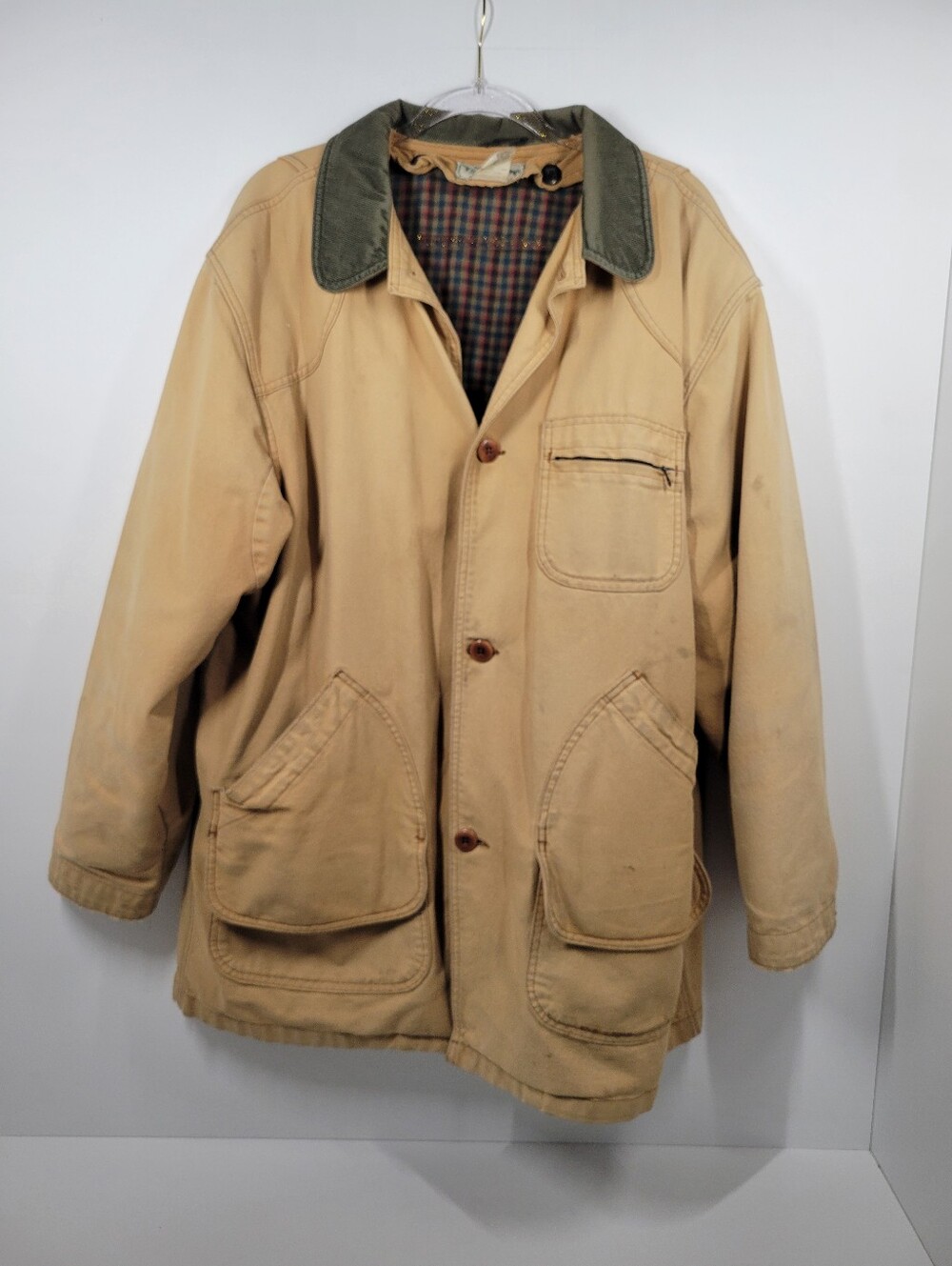 VTG LL Bean Tan Canvas Plaid Insulated Lined Barn Coat Chore Jacket Men XL Tall